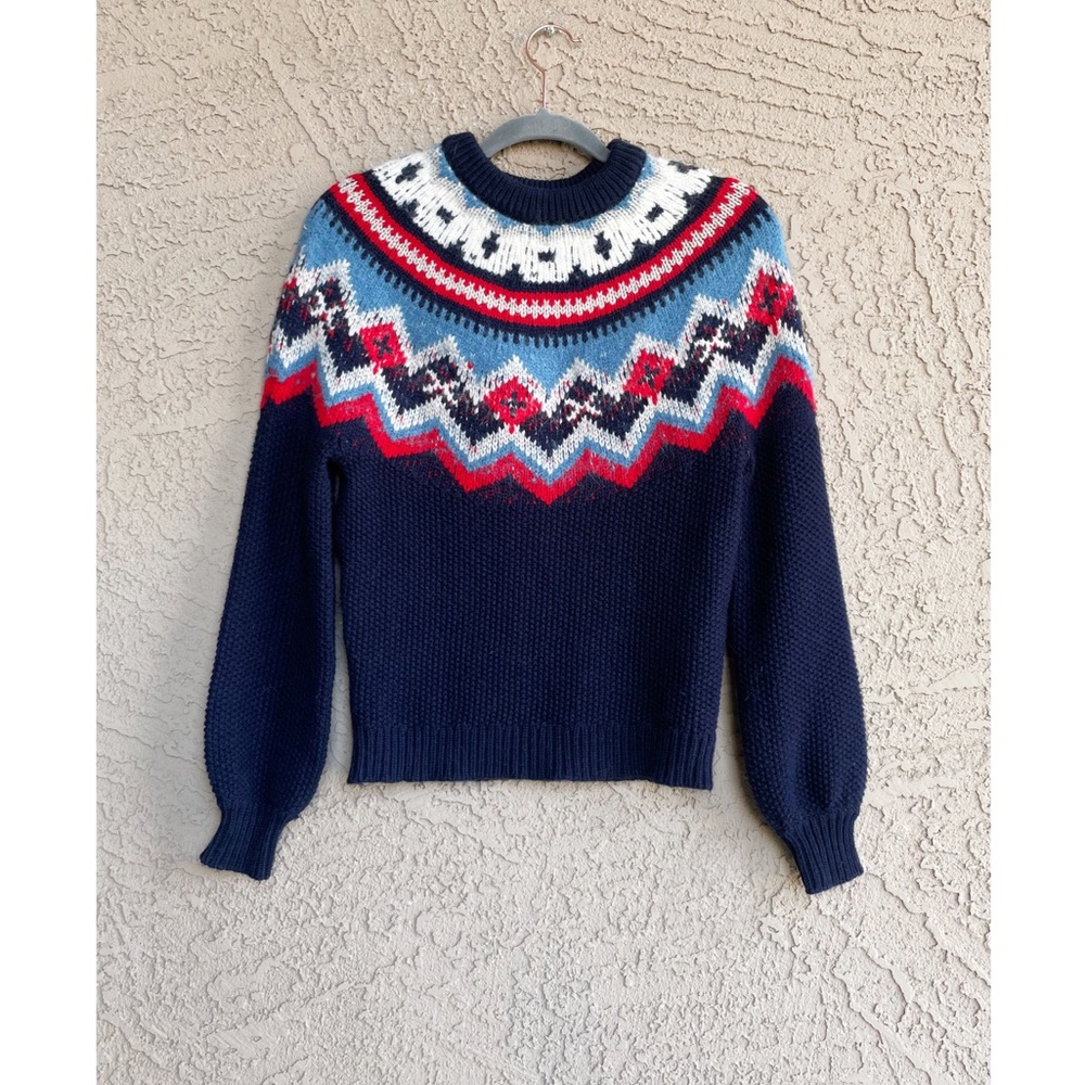 J. CREW NWT Navy Blue Red Fair Isle Lambswool Alpaca Wool Balloon Sleeve Sweater
